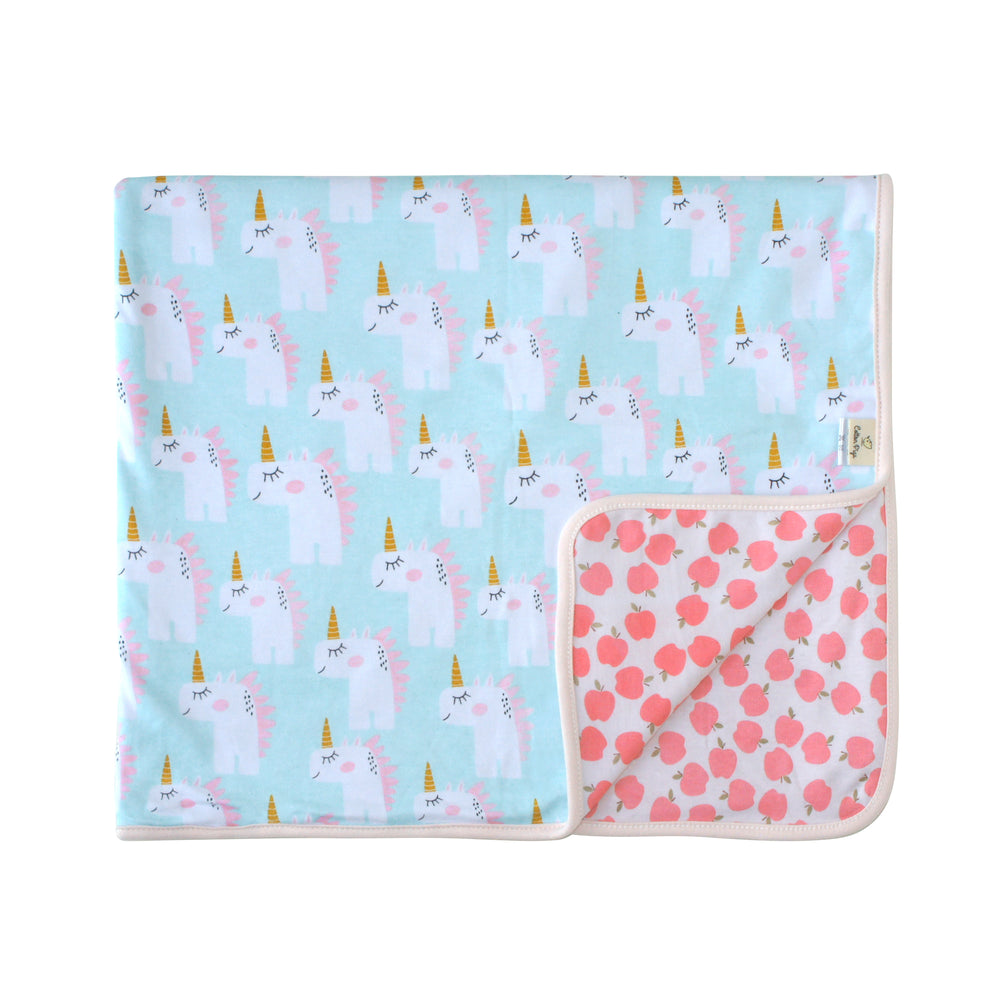 
            
                Load image into Gallery viewer, Unicorns and Apples Organic Reversible Blanket
            
        